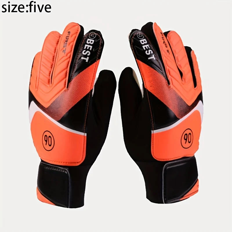 Pair of orange and black latex goalkeeper football gloves with BEST and FIRST branding
