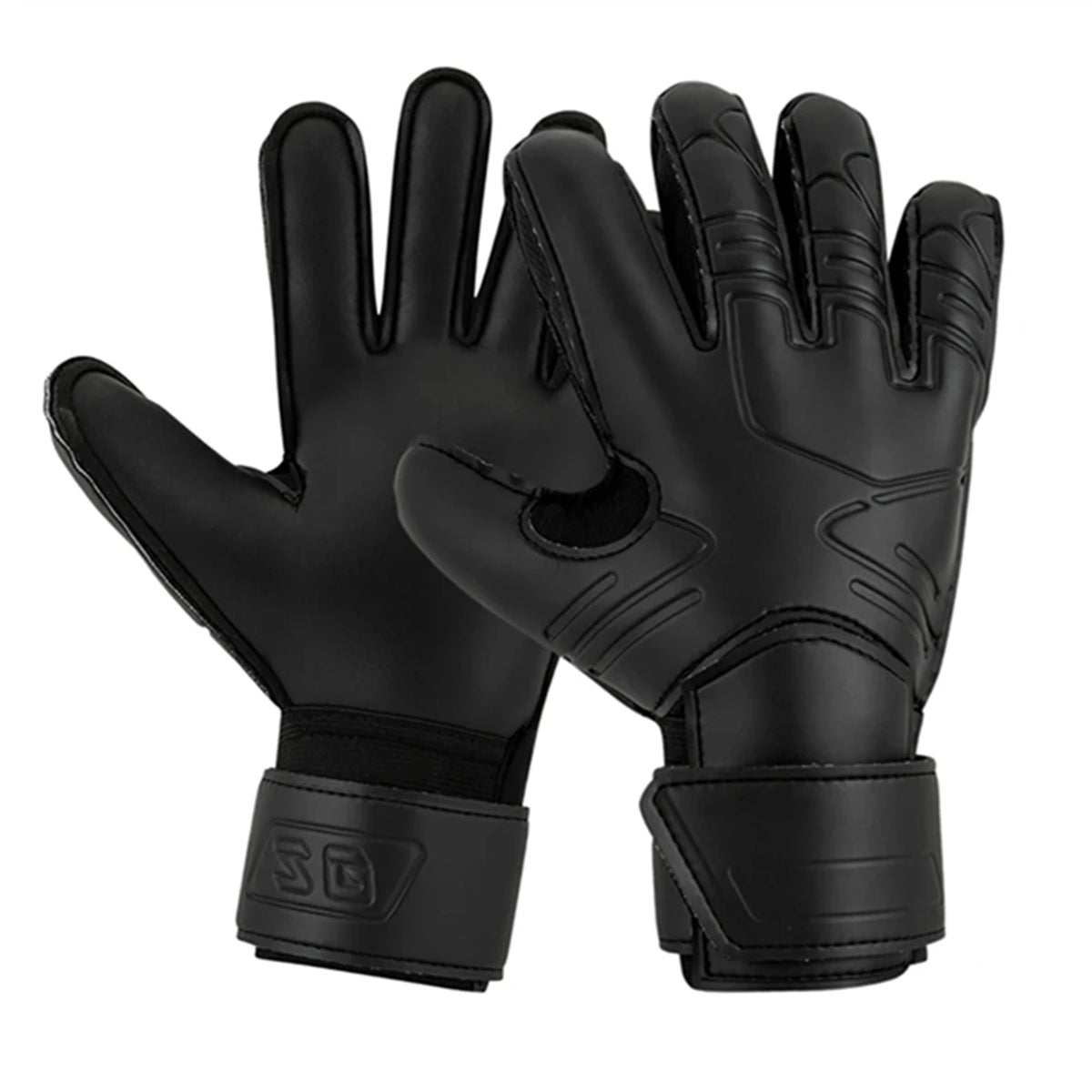 A pair of black professional football goalkeeper gloves shown against a white background.