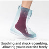 A close-up of a pair of light blue and purple cycling socks being worn on a foot.