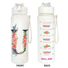 Front and back views of an insulated 750ml straw tumbler for hydration featuring floral designs and motivational text