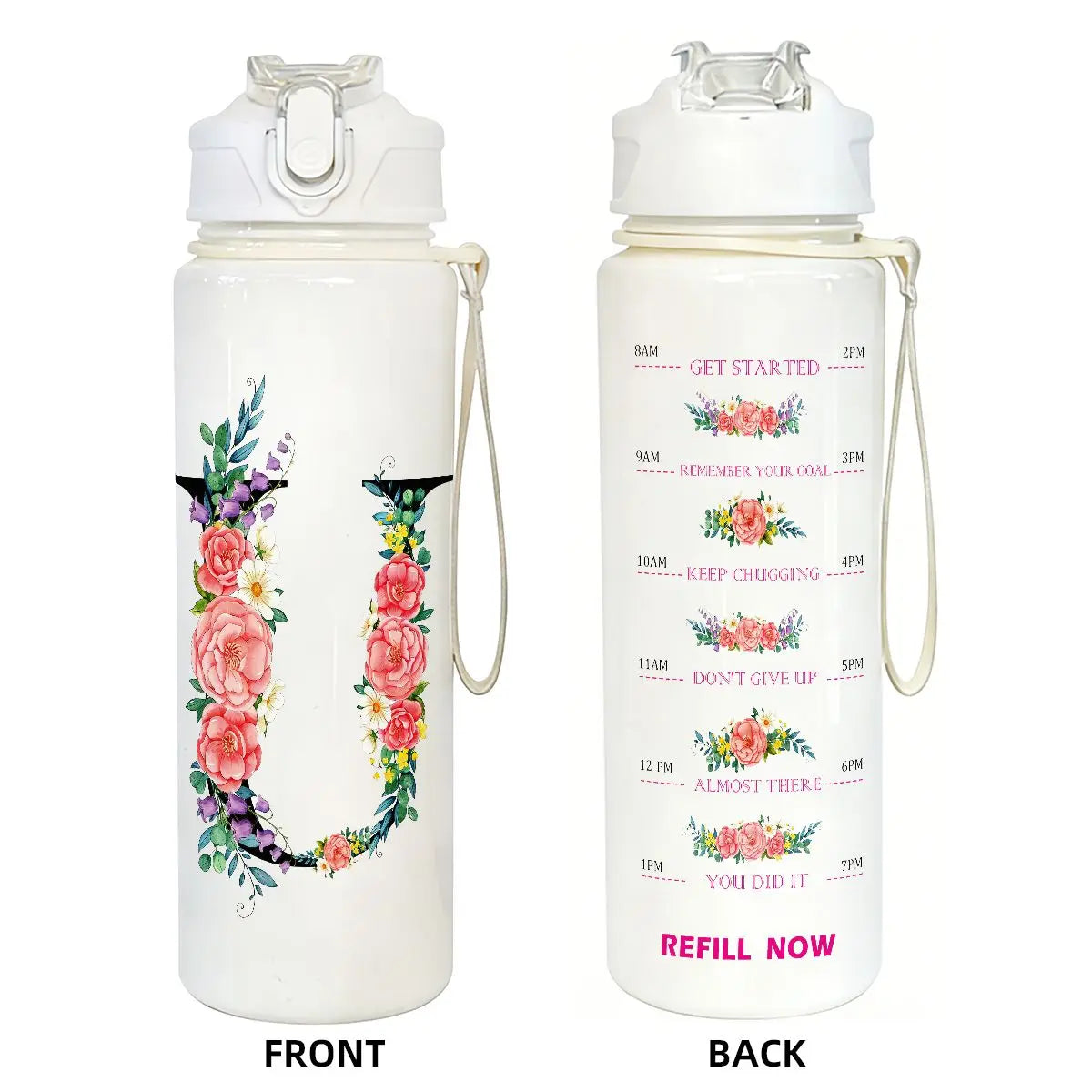 Front and back views of an insulated 750ml straw tumbler for hydration featuring floral designs and motivational text