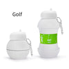 White leakproof silicone sports water bottle with a green golf theme label and attached carrying loop.