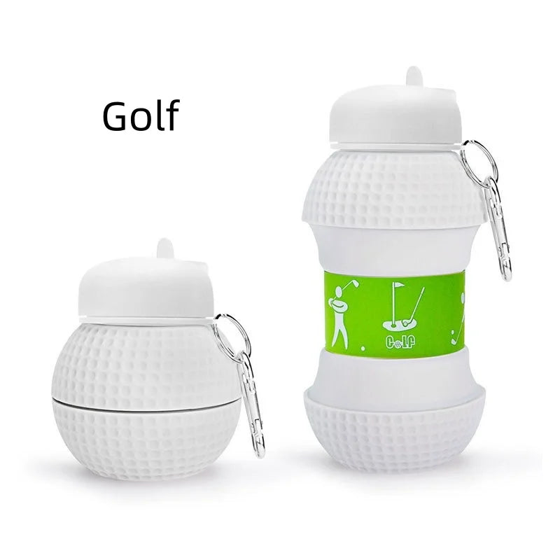 White leakproof silicone sports water bottle with a green golf theme label and attached carrying loop.
