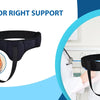 Black inguinal hernia support belt shown with compression pads, demonstrating left or right support.