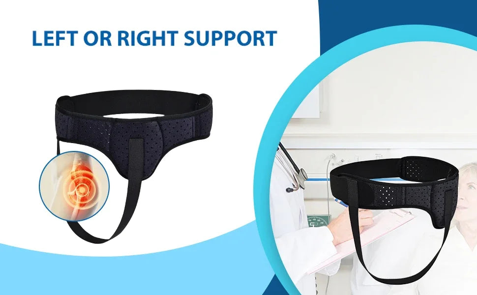 Black inguinal hernia support belt shown with compression pads, demonstrating left or right support.