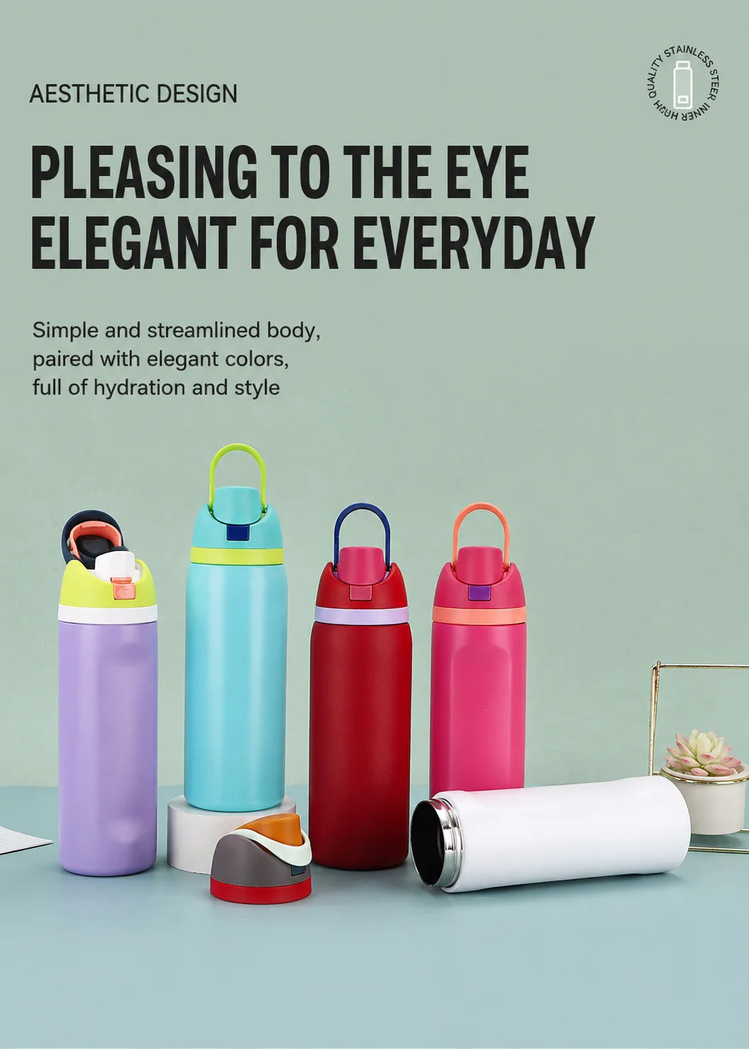 A set of five elegant insulated stainless steel thermos mugs in various colors including purple, teal, red, and pink.