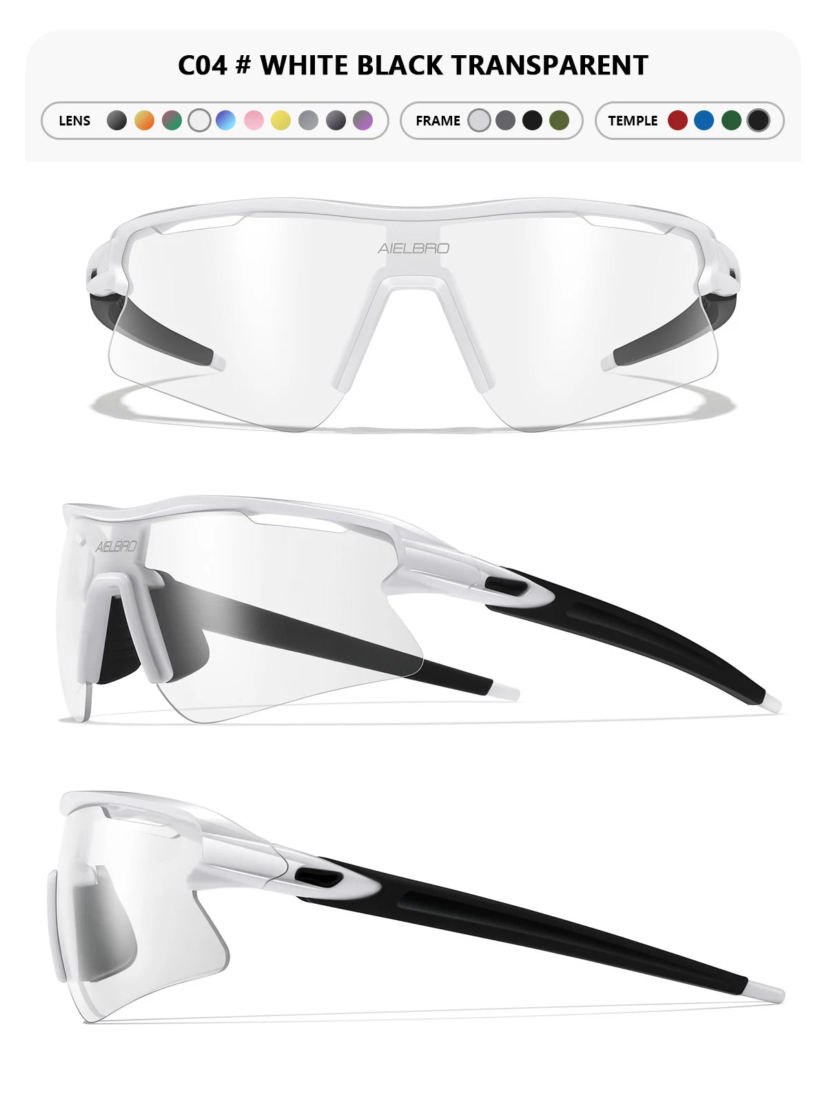 White black transparent sports sunglasses shown from multiple angles