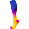 A pair of vibrant purple, pink, and yellow compression socks for circulation and support.