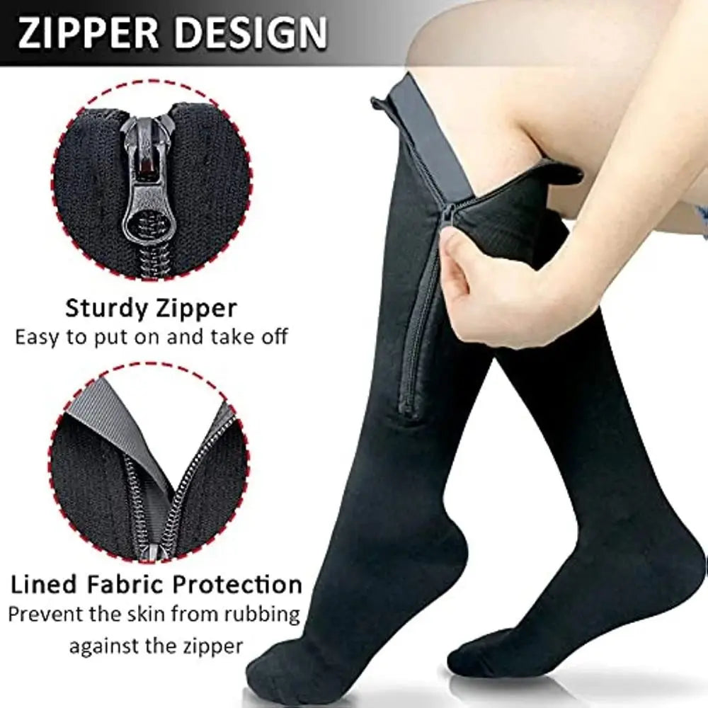 Black compression socks featuring a sturdy zipper design for easy put-on and take-off.
