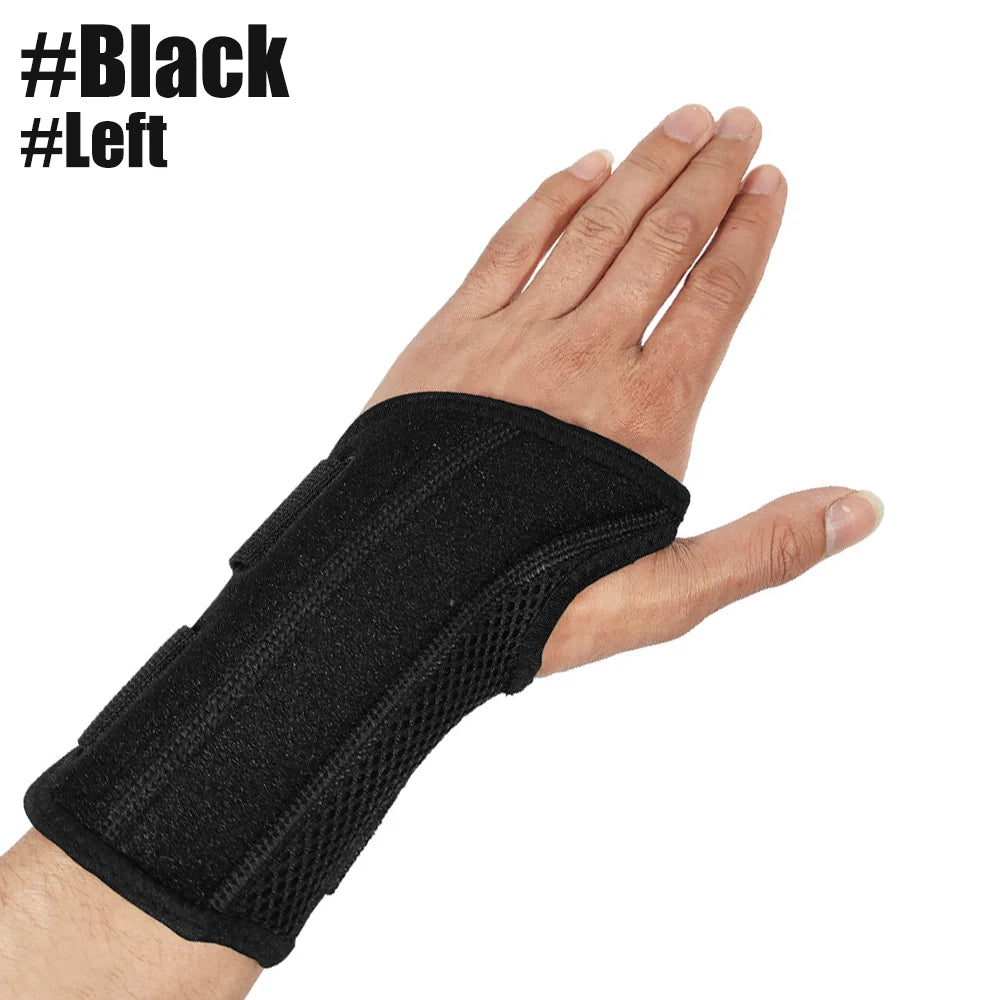 A hand wearing a black wrist support brace on the left wrist.