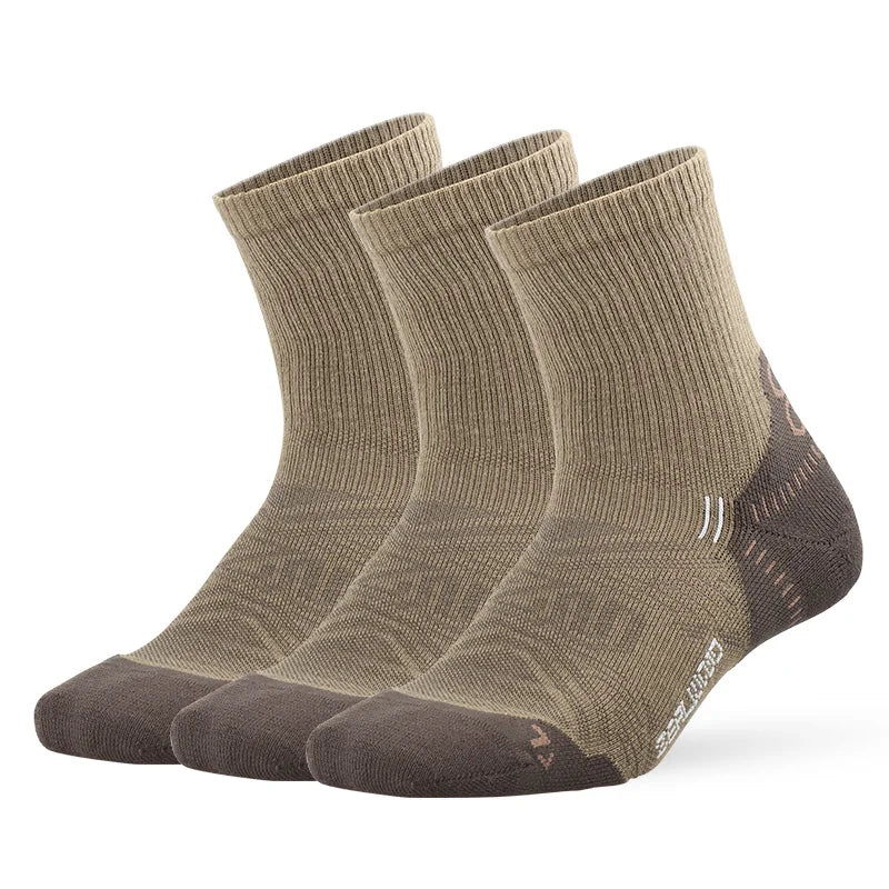 A stack of three olive green breathable performance running socks viewed from the side.