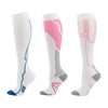 Three pairs of compression socks featuring white, pink, and gray designs for athletes or medical use.