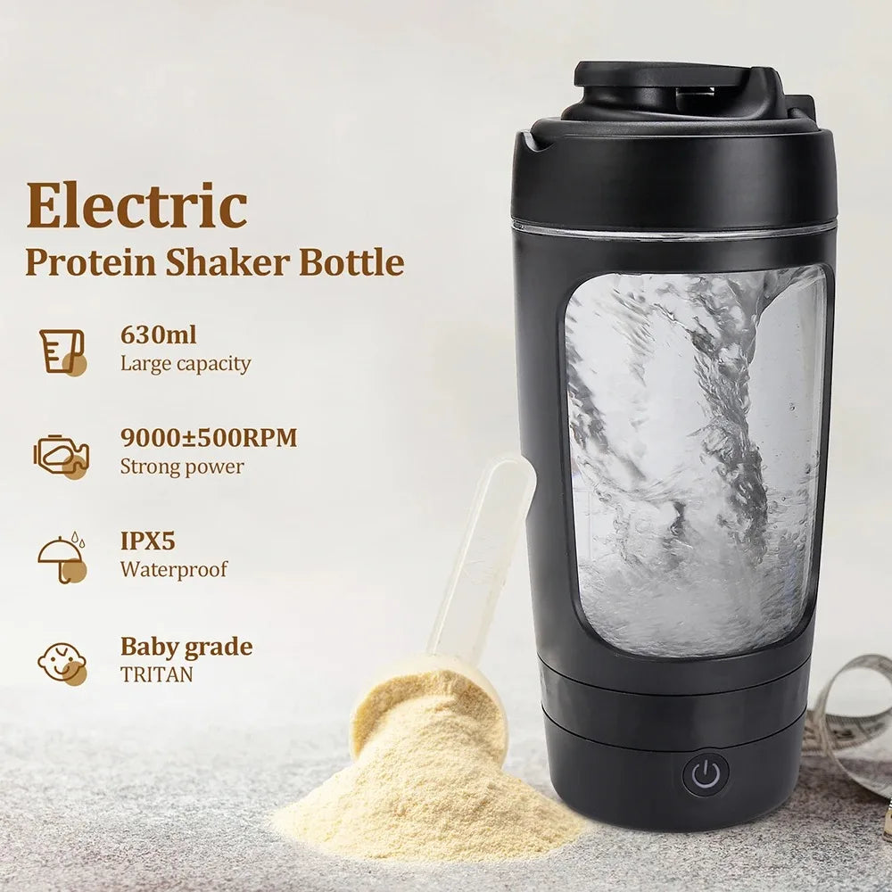 A black electric protein shaker bottle with a clear chamber and a scoop of yellow powder next to it.