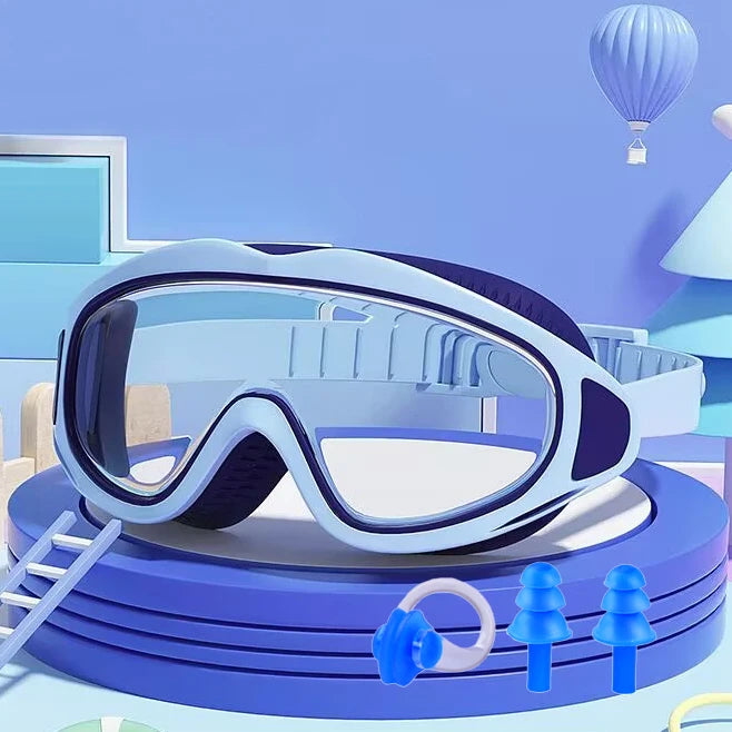 A pair of blue and white swimming goggles resting on a purple circular platform with a ladder nearby.
