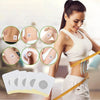 A woman demonstrates body shaping slimming patches on her skin while holding a measuring tape.
