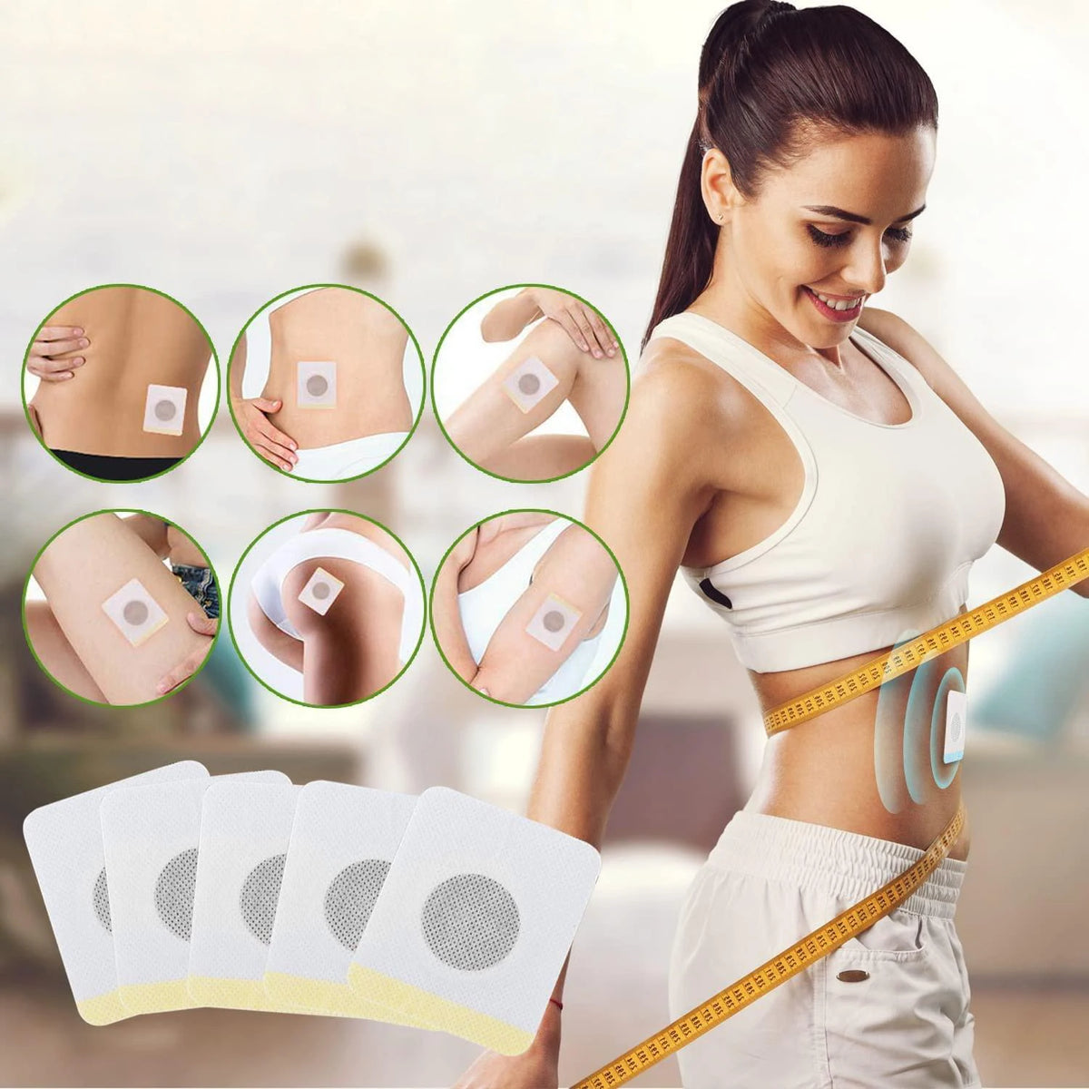A woman demonstrates body shaping slimming patches on her skin while holding a measuring tape.