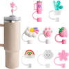 A set of reusable silicone straw covers in various colors and shapes for tumblers.