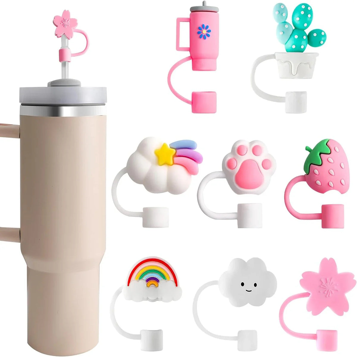 A set of reusable silicone straw covers in various colors and shapes for tumblers.