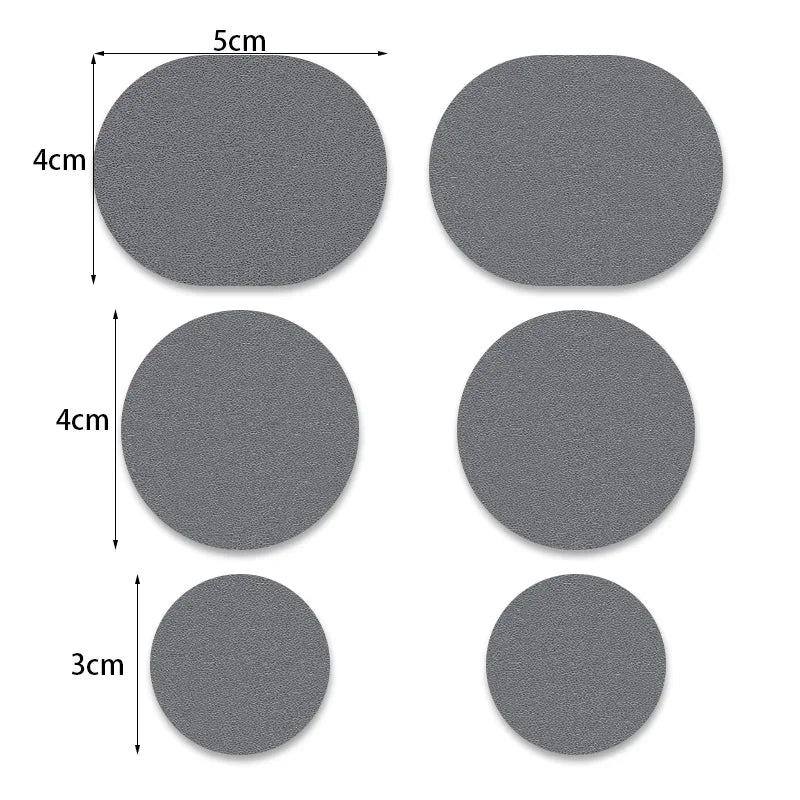A set of five circular gray self-adhesive shoe repair patches with varying diameters.