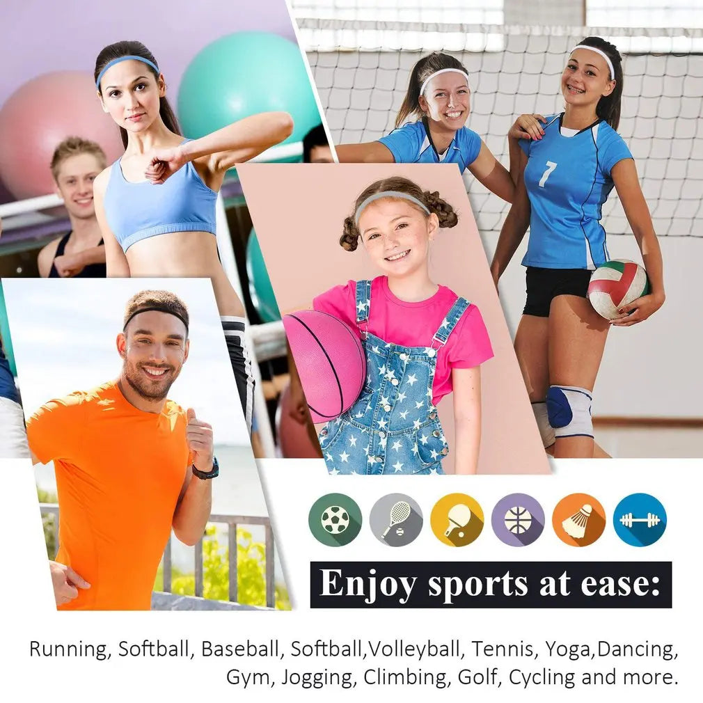 A collection of women wearing various colored elastic sport headbands for workout and yoga activities.