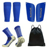 A pack of four blue non-slip silicone sports socks for football and basketball, along with a black sports bag.