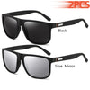 A pair of black and silver mirror-coated square sunglasses shown in a studio setting.