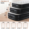 Stack of black air mattresses showing different sizes: Twin, Queen, and Queen.