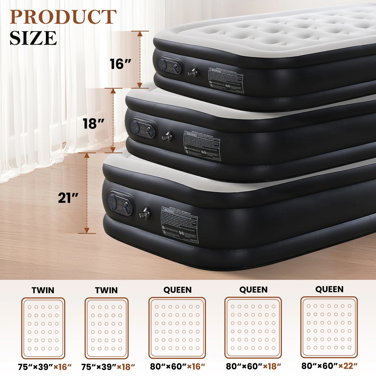 Stack of black air mattresses showing different sizes: Twin, Queen, and Queen.