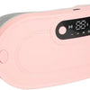 A pink portable menstrual heating pad device with a gray strap and a digital display.