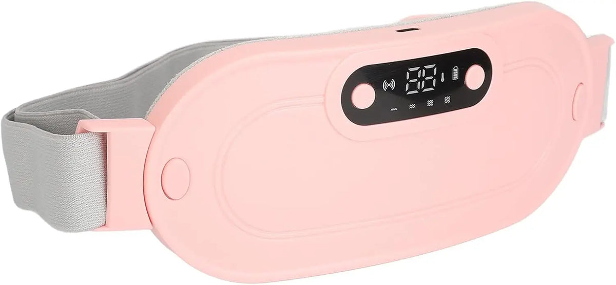 A pink portable menstrual heating pad device with a gray strap and a digital display.