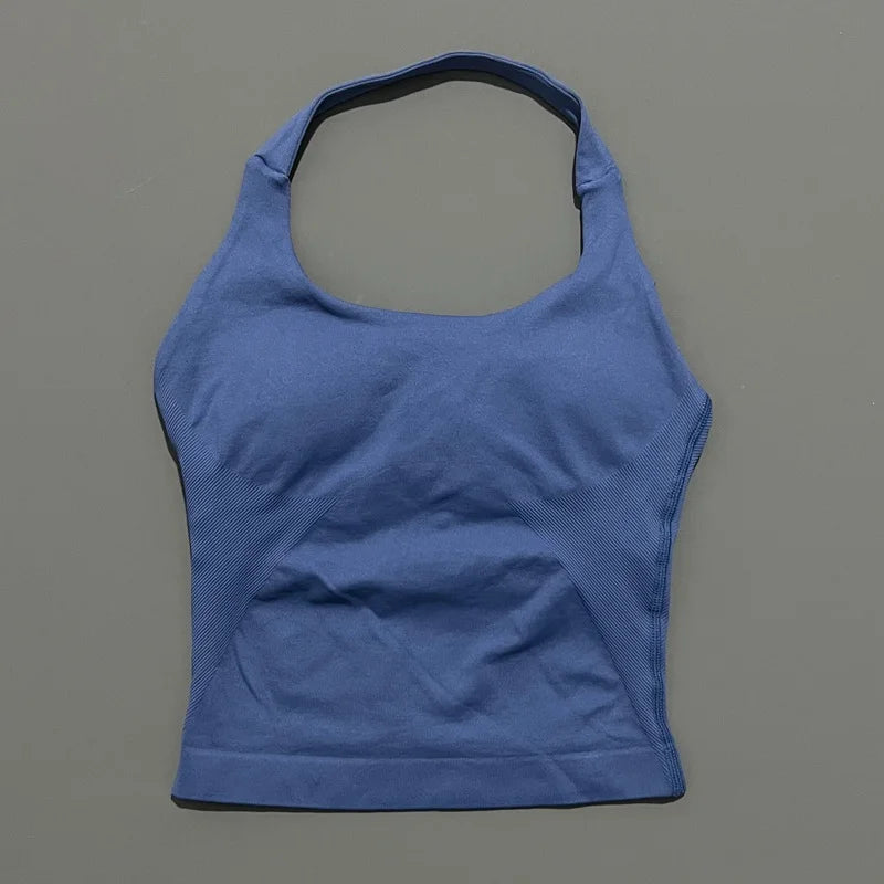 Königsblaues, nahtloses Strick-Gym-Tanktop mit Rundhalsausschnitt und integrierter BH.