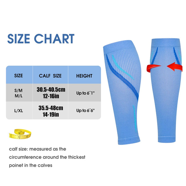 Tableau des tailles et exemples de manchons de compression bleu clair pour la circulation et la récupération.