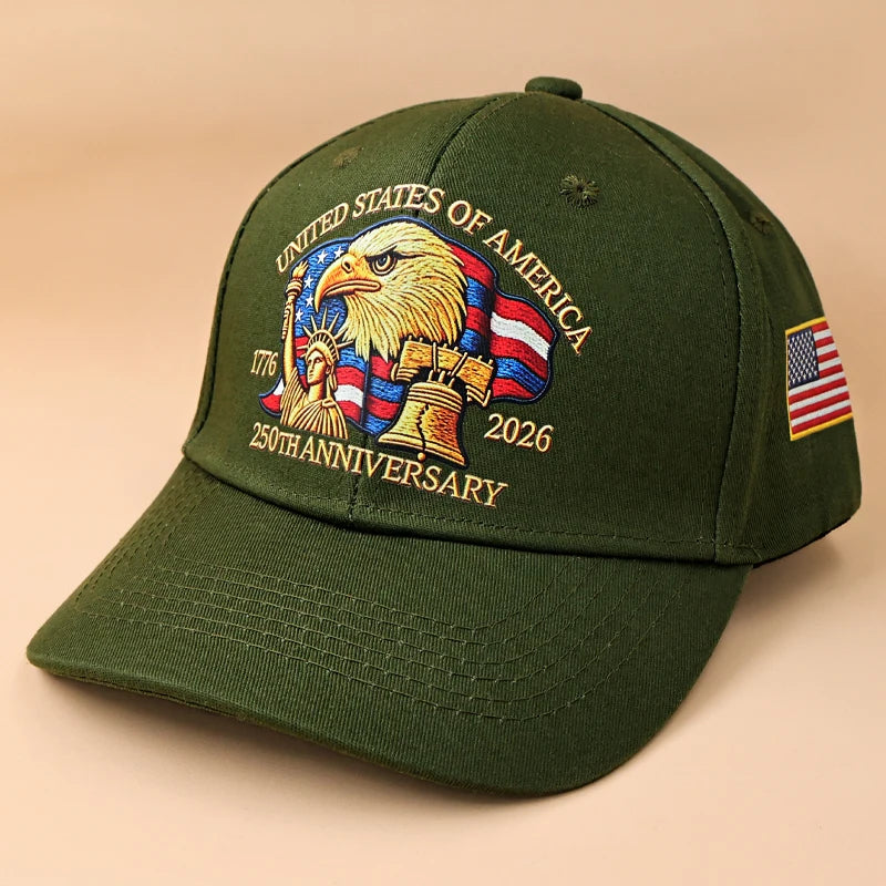 Olive green baseball cap featuring a graphic of an American bald eagle and text celebrating the 250th anniversary of the Unit