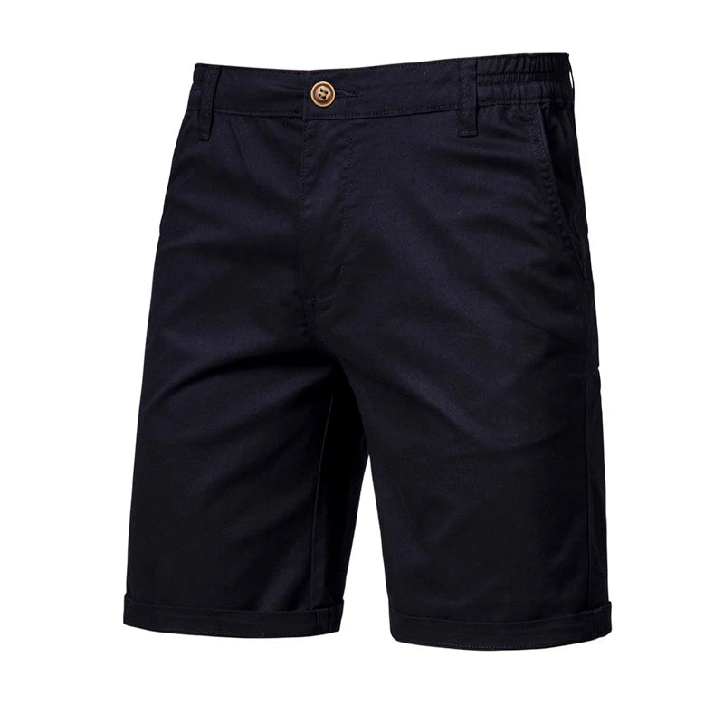 Navy blue men's summer cotton casual shorts with a gold button closure
