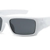 White vintage rectangle sunglasses with dark lenses shown against a white background