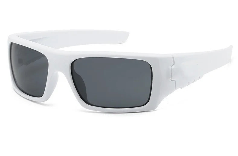 White vintage rectangle sunglasses with dark lenses shown against a white background
