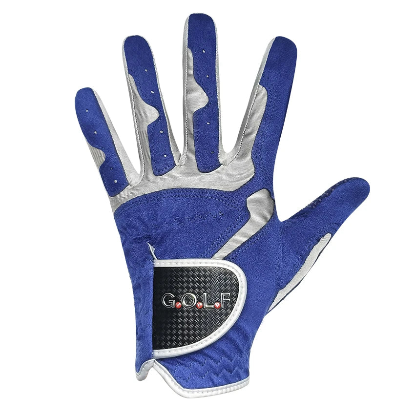 A pair of blue and gray performance golf grip gloves shown against a white background.