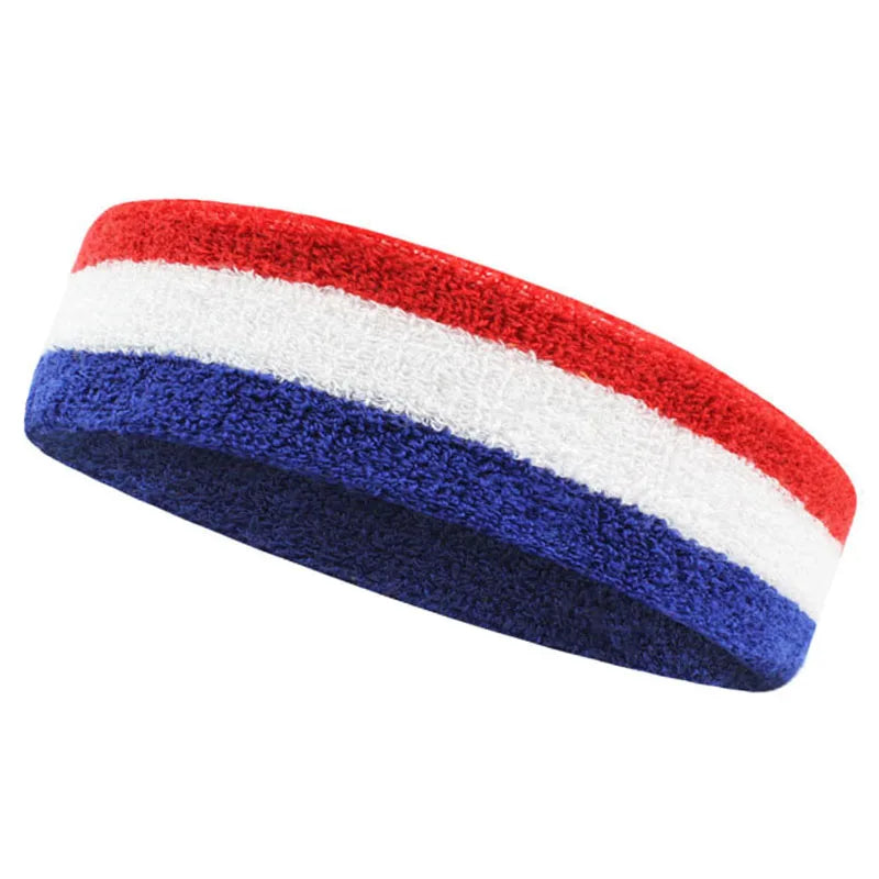 A folded moisture-wicking athletic headband featuring horizontal stripes of red, white, and blue.