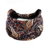 Dunkelblaue und braune Paisley-Muster-Yoga-Stirnband mit breitem Rand.