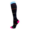 Black compression socks with colored lines and a light blue cuff