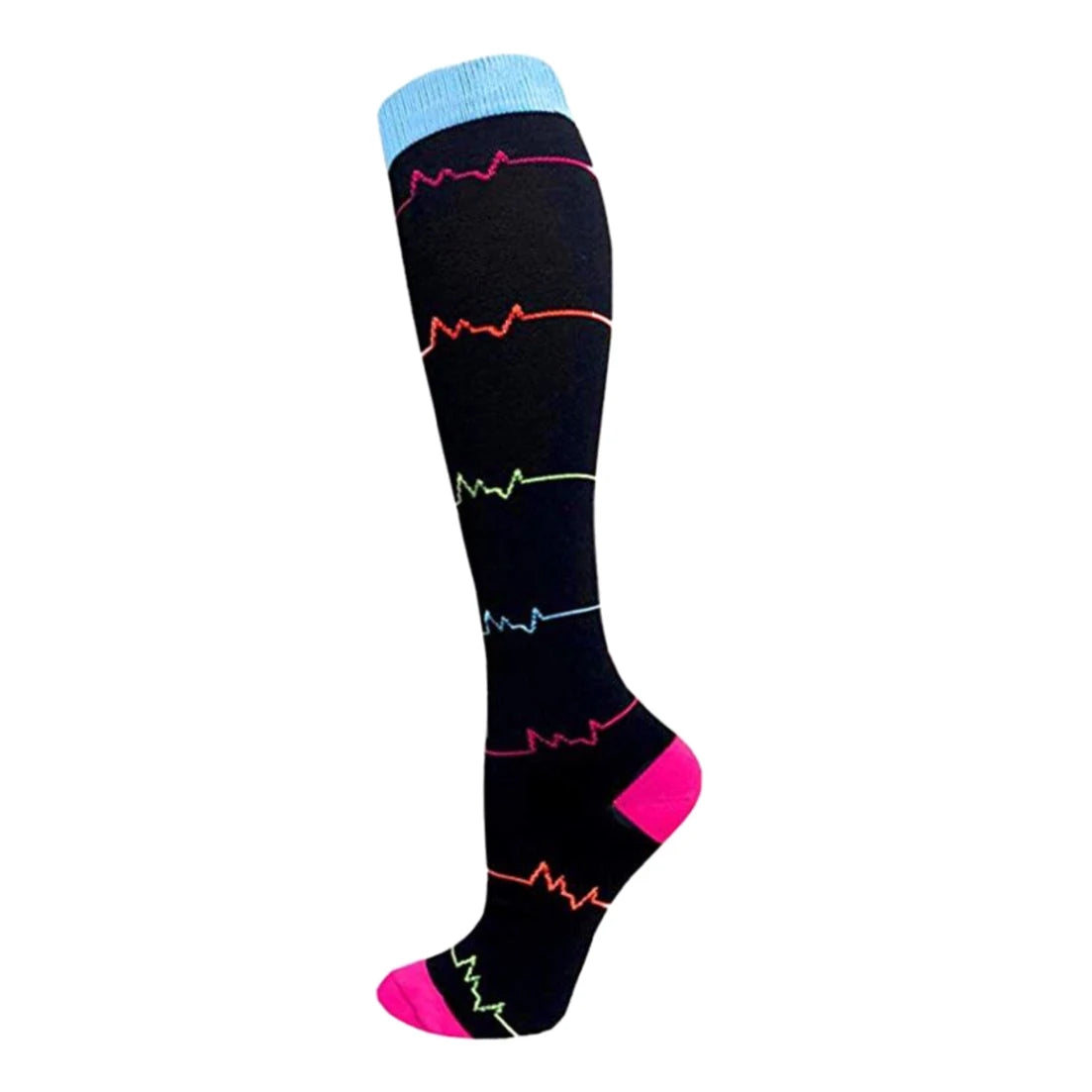 Black compression socks with colored lines and a light blue cuff