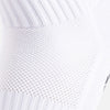 Close-up of white ribbed athletic grip socks on a leg.
