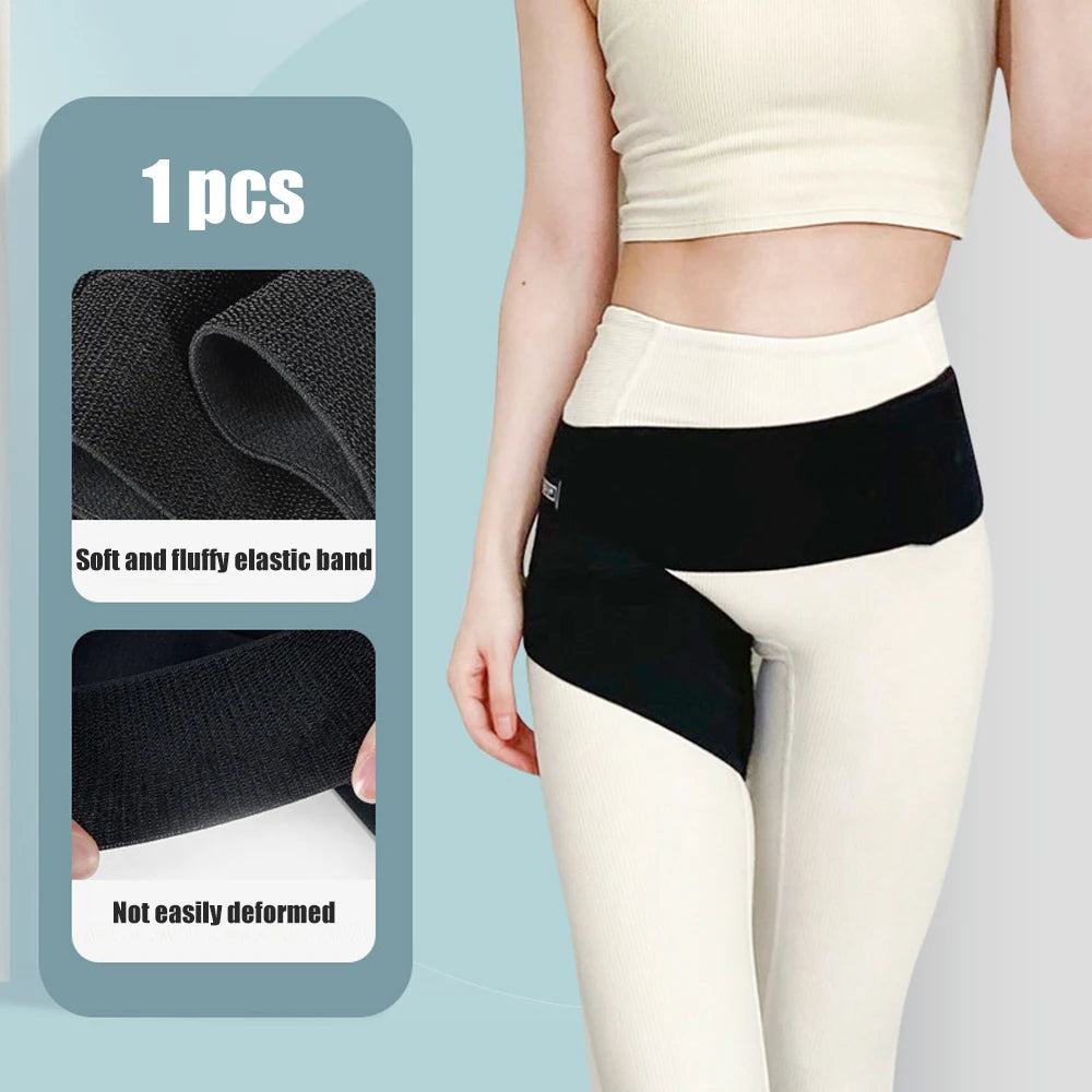 Black elastic band compression brace worn around the thigh and groin area of a person's leg