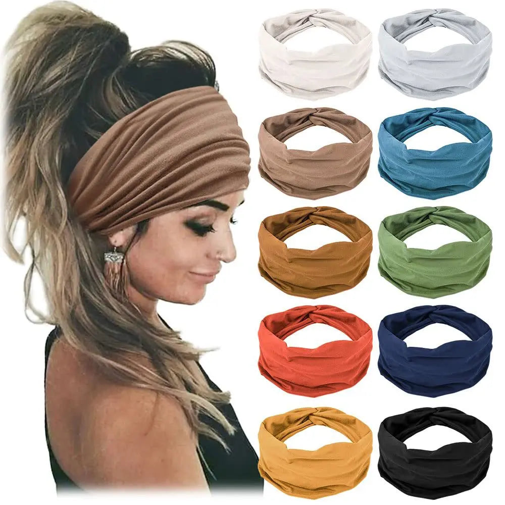 Colección de bandas para la cabeza de tela marrón, azul, verde, roja y negra para fitness y yoga.