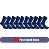 Ten pairs of dark blue men's sport compression socks laid out in a row.