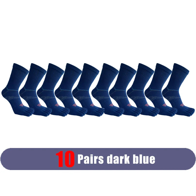 Ten pairs of dark blue men's sport compression socks laid out in a row.