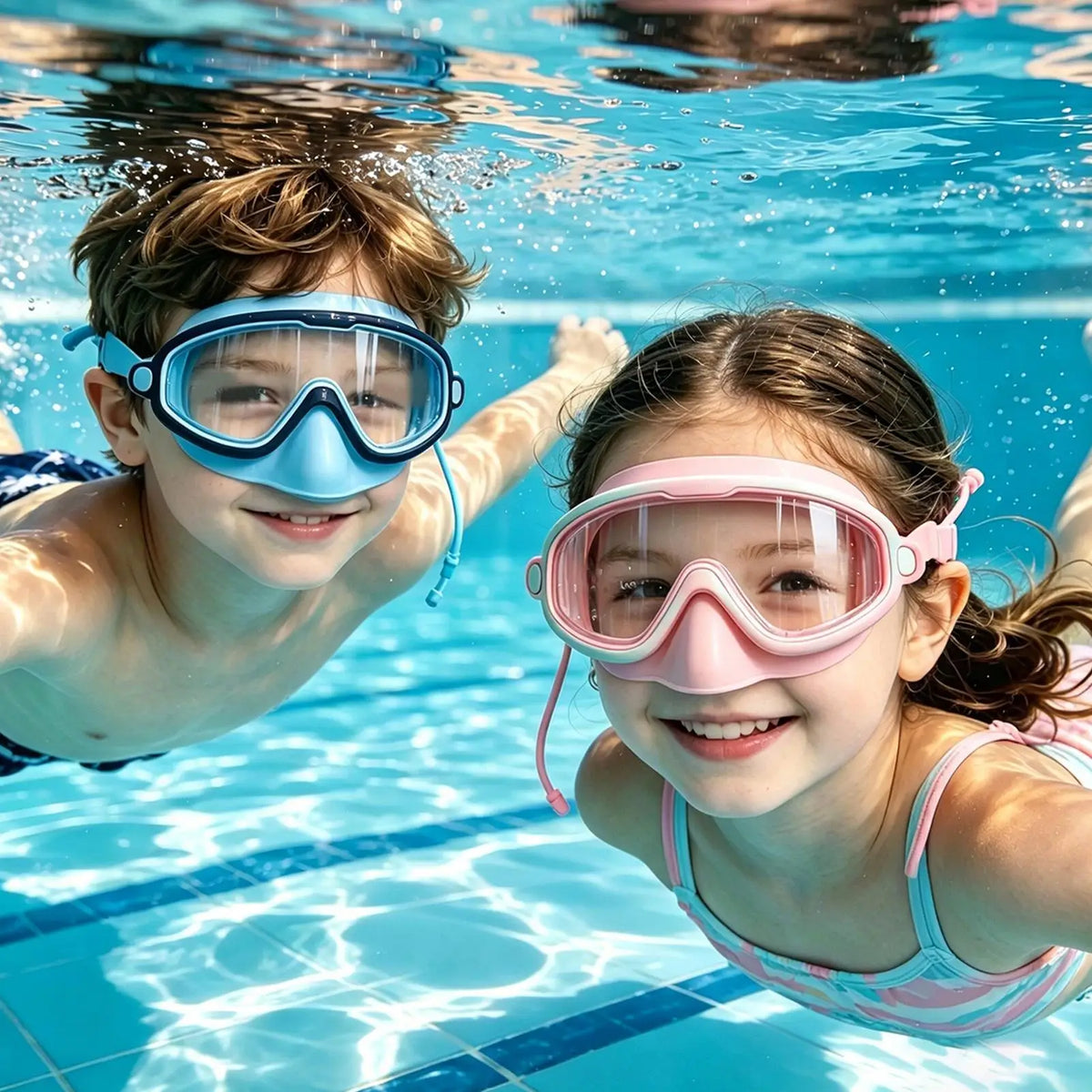 Two children wearing swimming goggles are submerged in clear blue water.