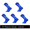 Five pairs of blue anti-slip silicone grip football socks shown from different angles
