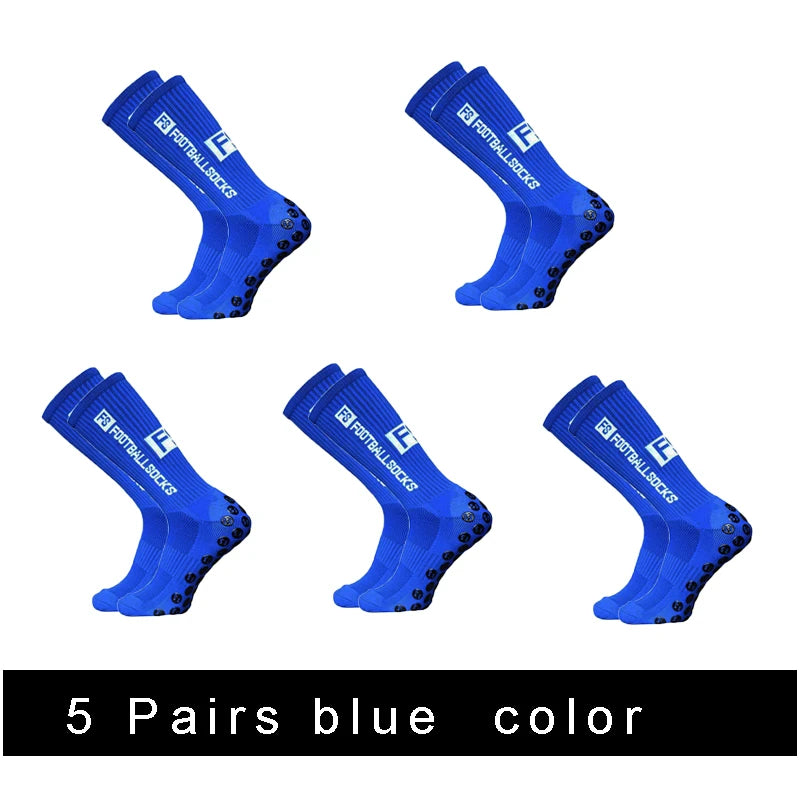 Five pairs of blue anti-slip silicone grip football socks shown from different angles