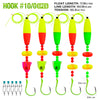 Five bright yellow and green float rigs with line and hooks for fishing